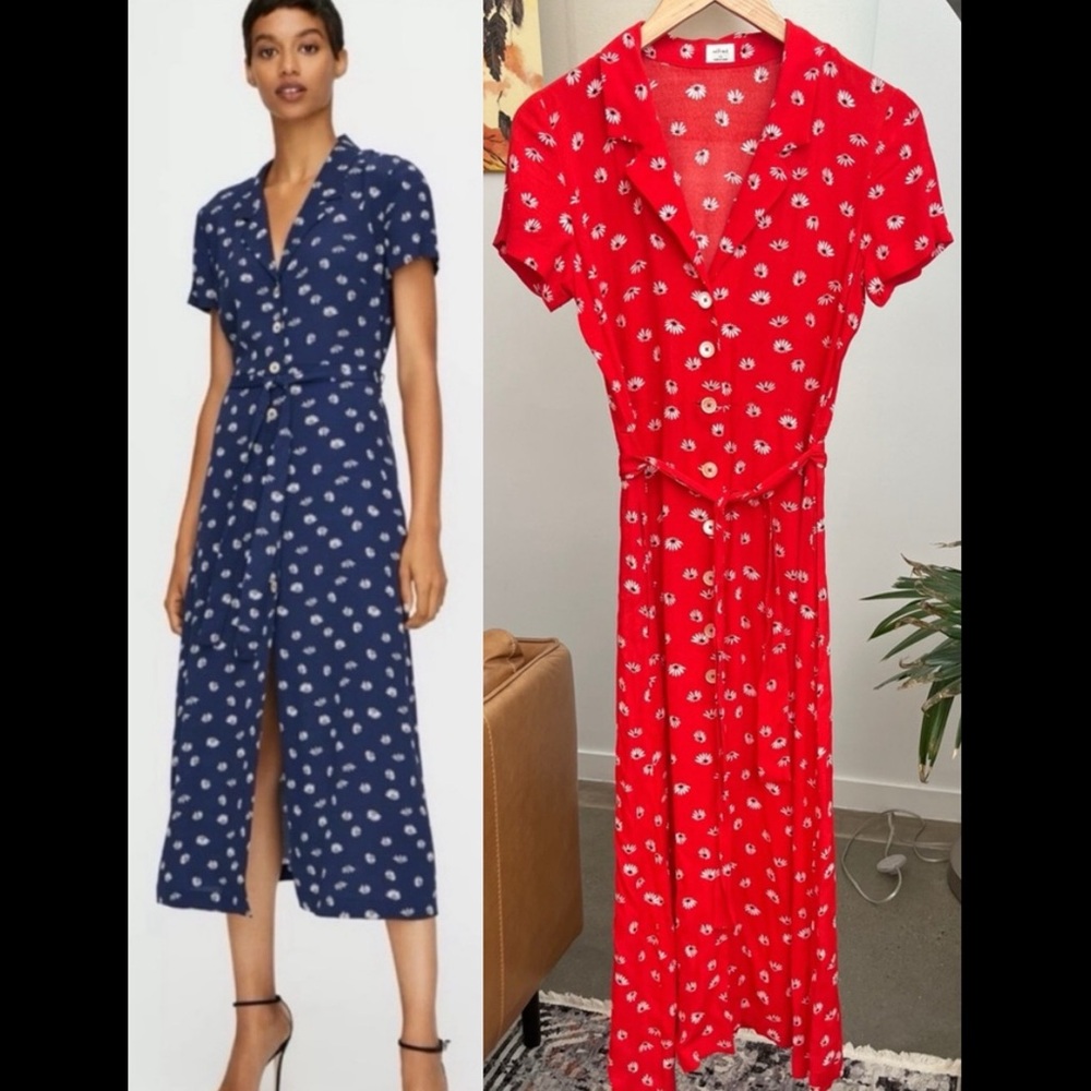 Aritzia Wilfred Midi Button-Up Dress in Red with White Floral
